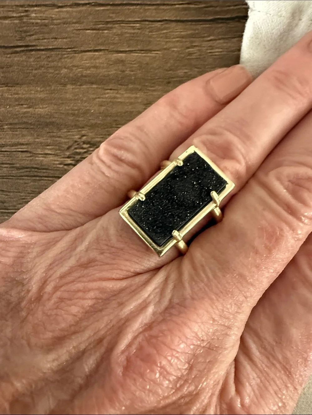 Kendra Scott Gold-Tone Ring with Black Druzy Rectangle. Adjustable.